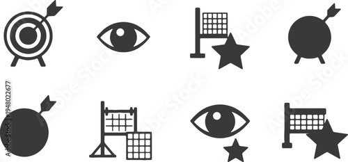 A collection of eight minimalist flat icons featuring targets, eyes, calendars, and star shapes