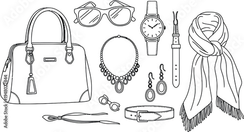 Line- drawn fashion accessories collection showcasing handbags, jewelry, watches, scarves, and