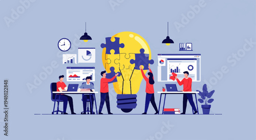 Vector flat design illustration of people working together around a large lightbulb with puzzle pieces in a modern office setting with a creative and collaborative mood.