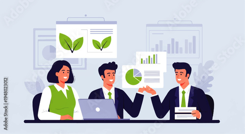 Vector flat design illustration of three business professionals collaborating over a laptop and documents in a modern office setting with a professional and productive mood.