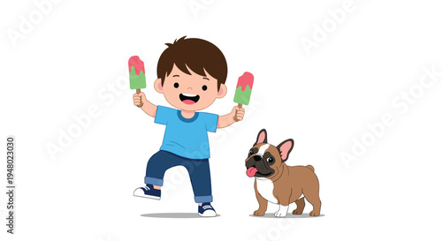 Joyful boy holds two colorful ice pops while standing next to his cute French bulldog puppy on a hot summer day.
