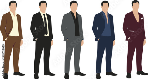 Set of professional faceless businessmen in colorful formal tailored suits standing in confident corporate poses isolated flat vector