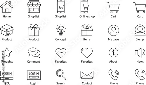 Ecommerce user interface icons set shopping cart login contact favorites outline collection