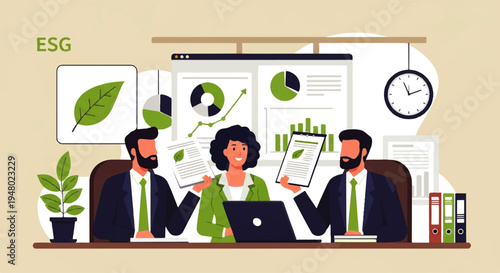 Vector flat design illustration of three business professionals analyzing ESG data and documents in a modern office setting with a plant and clock on the wall.