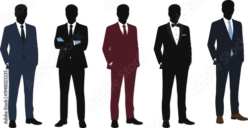 Set of professional businessmen in formal tailored suits and tuxedos standing in confident corporate poses isolated flat vector illustration.