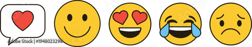 Emoji reaction icons set smile love laugh cry sad chat outline collection