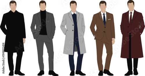 Set of professional faceless businessmen in formal navy and grey suits standing in confident corporate poses isolated flat vector illustration.