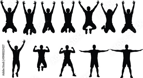 Collection of athletic man silhouette jumping poses, fitness movement sequence, jumping jack exercise, isolated black human figure set for design