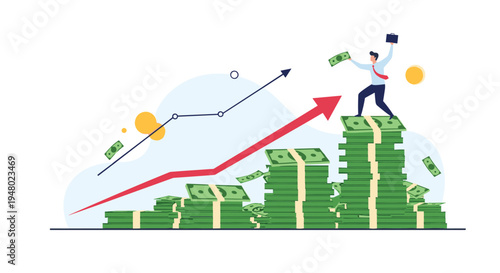 Successful businessman celebrates his financial victory by standing on top of tall stacks of dollar banknotes.