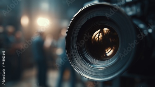 Camera lens close-up with film crew in background. Macro view of professional video camera optics, blurred people and studio lights behind, cinematography and production concept.