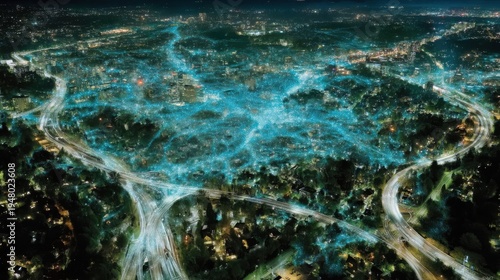 Cityscape night lights urban area aerial view modern technology futuristic concept