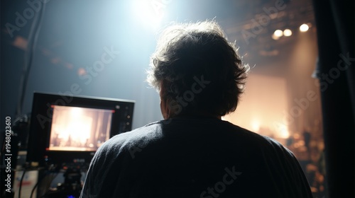 Film crew member watching monitor on set. Rear view of adult person in studio with video monitor and bright stage lights, behind the scenes of movie production