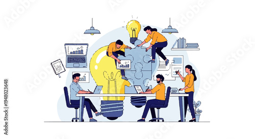 Vector flat design illustration of a team collaborating on a project with laptops and a large lightbulb, surrounded by office equipment in a modern workspace.
