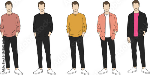 Set of young men wearing colorful smart casual sweatshirts and jackets standing in confident poses isolated flat vector illustration.
