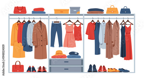 Modern walk-in closet is perfectly organized with various clothes, dresses, coats, handbags, and rows of shoes.