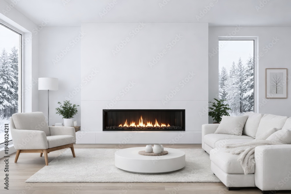 Fototapeta premium Modern minimal livingroom interior with cozy fireplace.