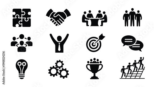 Collection of professional business icons for corporate branding and marketing materials featuring teamwork communication and success concepts in black on white background