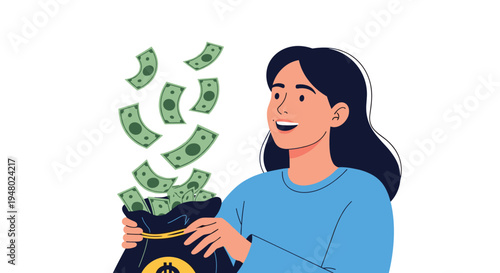 Happy woman laughs as she holds a black bag while green dollar bills fly out representing wealth and windfall.