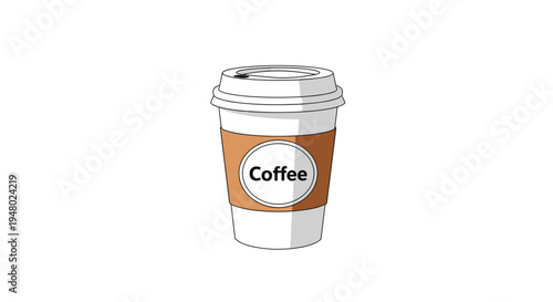 Disposable paper coffee cup with a sleeve and lid stands ready for a takeaway morning caffeine break or commute.