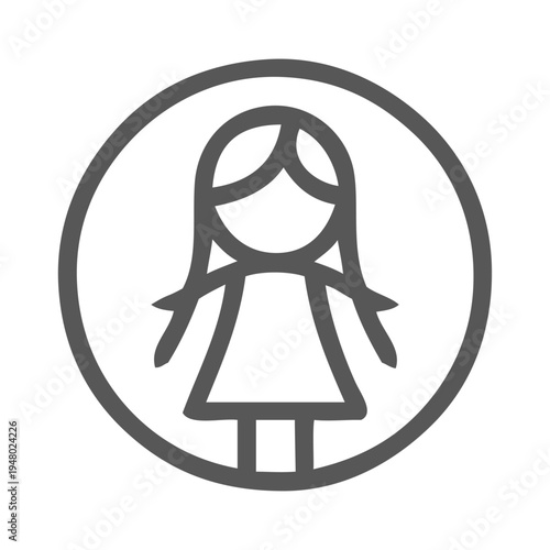Logotipo de boutique de moda infantil. Dibujo sencillo con líneas de una niña peinada con coletas, vista de frente en un círculo 