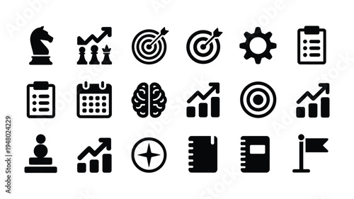 Business strategy icons set including brain target chart gear and planning tools on white background for marketing and finance concepts