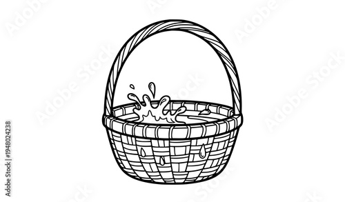 Black and white water basket coloring page simple woven basket outline vector illustration for kids