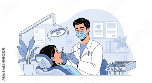 Professional dentist in a face mask and protective gloves performs a dental checkup on a woman in a modern office.