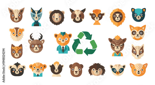 Variety of animal head icons surround a green recycling symbol to promote wildlife conservation and environmental care.