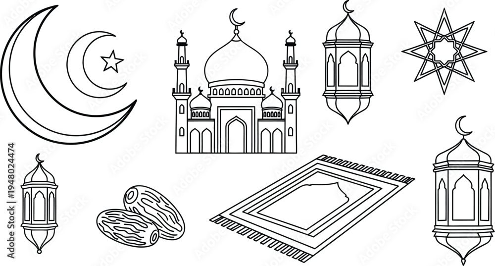 Fototapeta premium Iconic islamic symbols and cultural in monochrome line