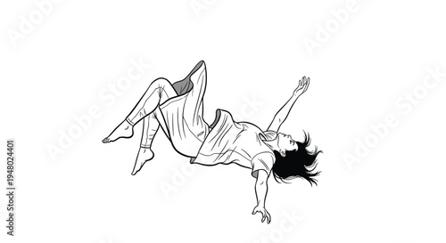 Minimalist line drawing of a woman in mid-air falling or floating with her hair windswept against a white background.