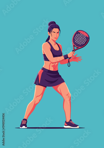 Athletic woman holding padel racket in modern flat vector portrait style, vibrant sports illustration ideal for club promotion, fitness marketing and recreational activity themes