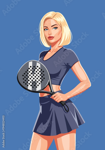 Athletic woman holding padel racket in modern flat vector portrait style, vibrant sports illustration ideal for club promotion, fitness marketing and recreational activity themes