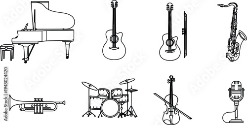Basic black-and- white line of musical instruments