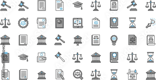 Law justice icons set court gavel scales legal document outline collection