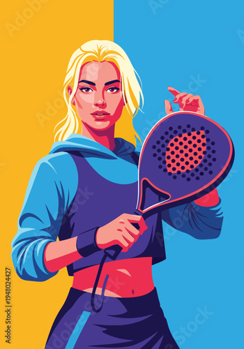 Athletic woman holding padel racket in modern flat vector portrait style, vibrant sports illustration ideal for club promotion, fitness marketing and recreational activity themes