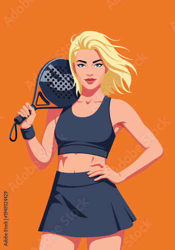 Athletic woman holding padel racket in modern flat vector portrait style, vibrant sports illustration ideal for club promotion, fitness marketing and recreational activity themes