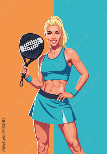 Athletic woman holding padel racket in modern flat vector portrait style, vibrant sports illustration ideal for club promotion, fitness marketing and recreational activity themes