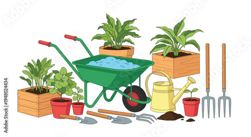 Wide variety of gardening equipment and potted plants featuring a green wheelbarrow, watering can, and various hand tools.