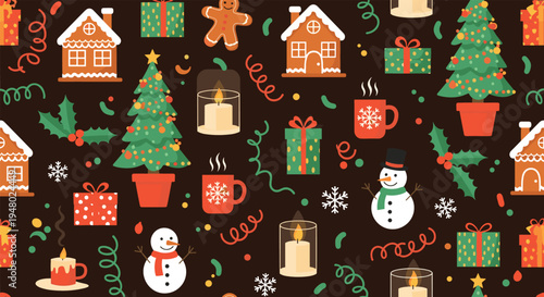 Festive seamless pattern for Christmas with gingerbread houses, decorated trees, snowmen, holiday gifts, and cozy winter drinks.