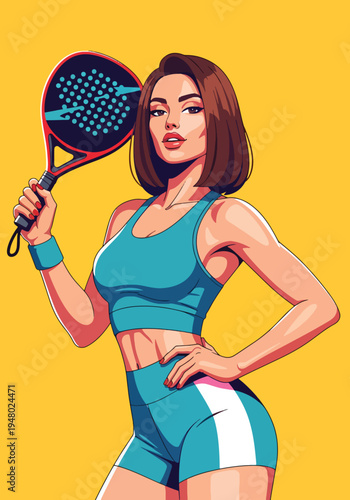 Athletic woman holding padel racket in modern flat vector portrait style, vibrant sports illustration ideal for club promotion, fitness marketing and recreational activity themes