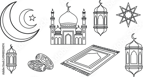 Iconic islamic symbols and cultural in monochrome line