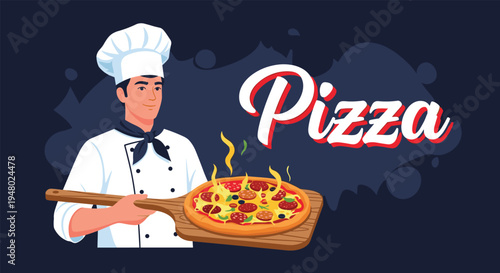Professional male chef wearing a white uniform and hat presents a fresh hot pepperoni pizza on a wooden serving paddle.