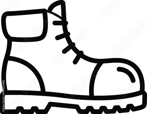 A black and white line art illustration of a sturdy leather hiking boot for outdoor adventures