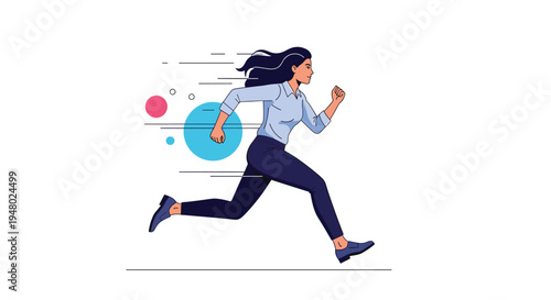Dynamic illustration of a young businesswoman running forward with great speed against a background of abstract colorful shapes.