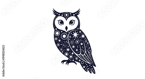 Intricate navy blue owl silhouette filled with ornate celestial motifs including stars, planets, and swirling cosmic patterns.