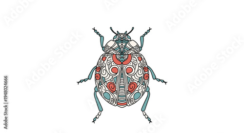 Detailed decorative beetle illustration featuring complex symmetrical patterns and colorful geometric shapes on its ornate shell.