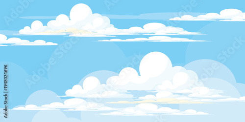 Illustration of a blue sky with white clouds in a flat style. Blue sky background and white clouds. Cartoon sky	
