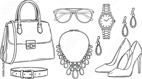 Blackline collection of fashion accessories and footwear hand-drawn blackline fashion accessories