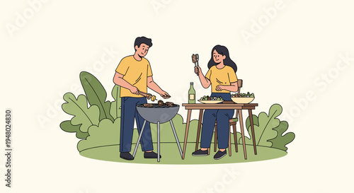 Young couple having a barbecue in a lush green backyard with the man grilling food and the woman sitting at a table.