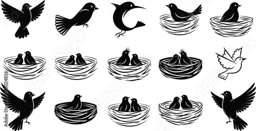 Bird and nest silhouettes in artistic poses, flying, perched, and nesting vector illustration for wildlife, nature, birdwatching, and decorative design concepts
